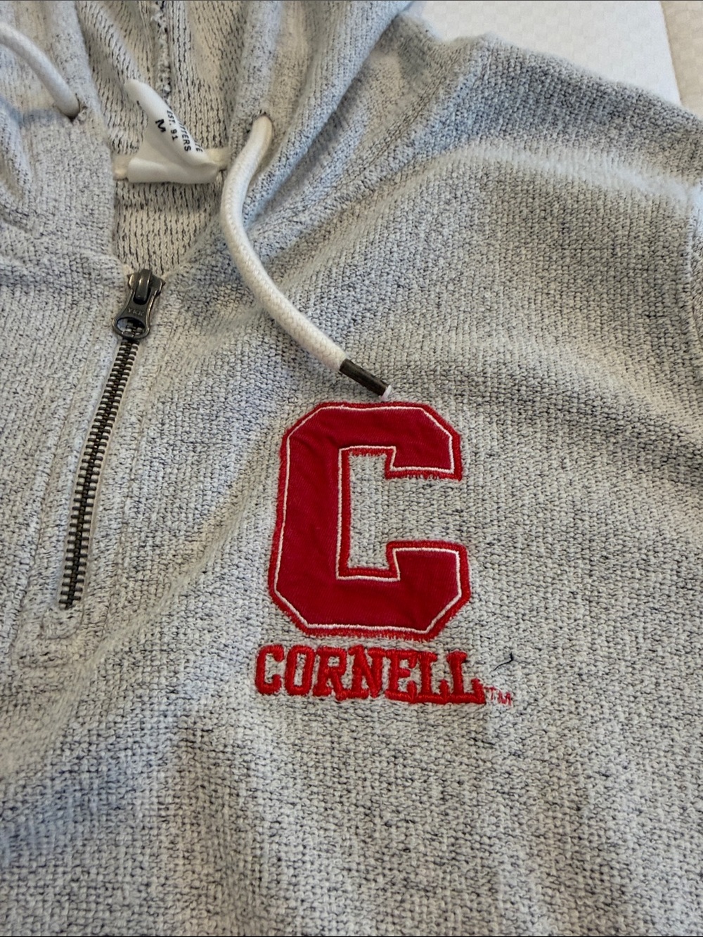 League Light Gray Hooded Quarter-Zip Sweatshirt with Red Cornell Patch - Picture 3 of 3